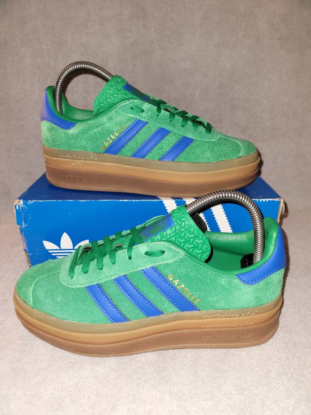 Adidas Gazelle Bold Platform Green Blue Tan Gum Sole Sneakers Women's Size 6.5